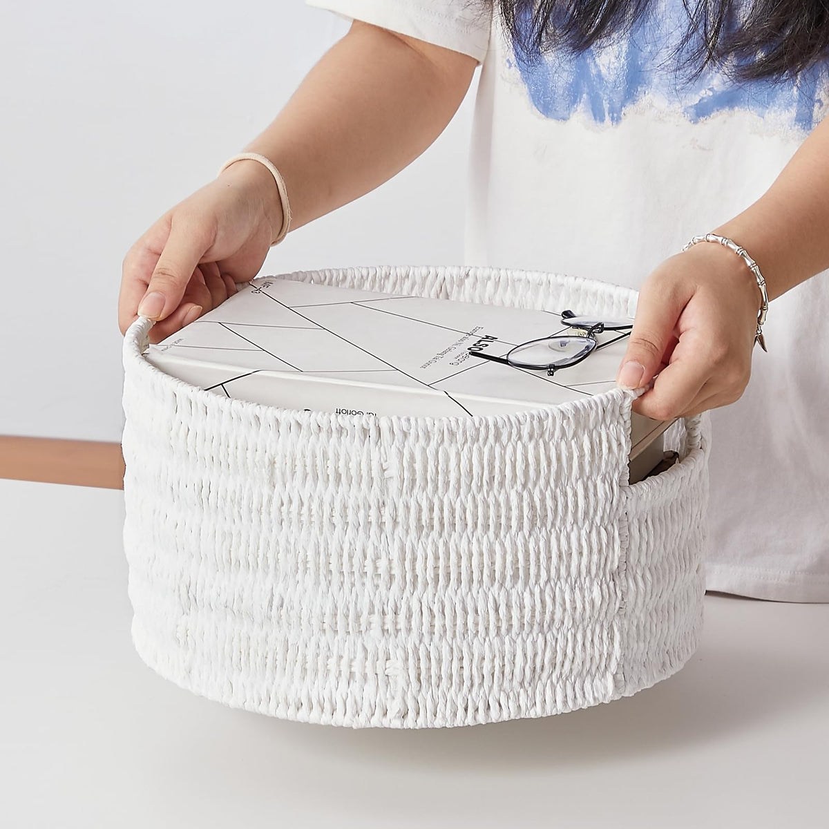 Vagusicc Woven Storage Baskets Set of 3, HandWoven Round Wicker Storage Basket with Handles, Natural Wicker Shelf Baskets Organizer