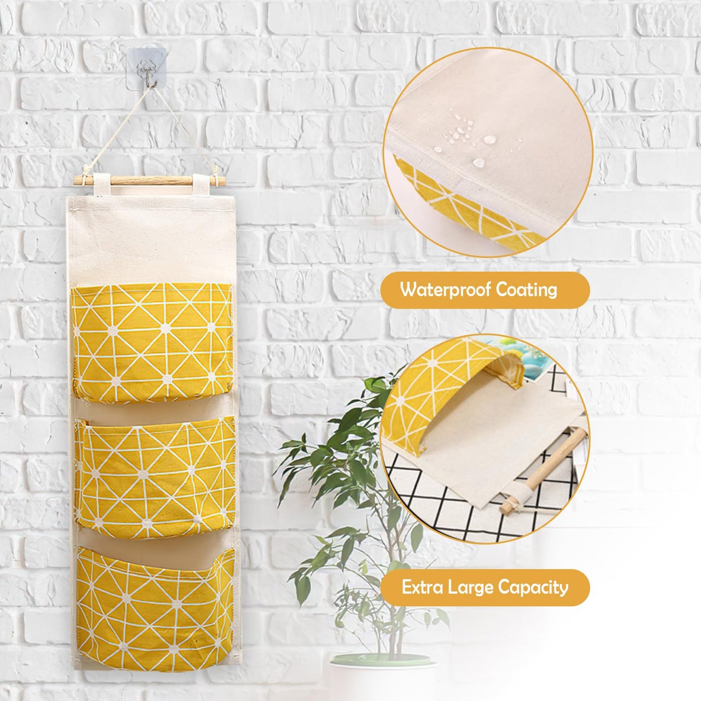 3-Pack Wall Hanging Storage Bags – Over-The-Door Organizers with 3 Large Pockets (6.3" × 5.1"), Hanging Closet & Pantry Organizer for Bedroom