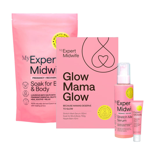 My Expert Midwife Glow Mama Glow Pregnancy & Postpartum Self-Care Gift Set, Includes Soak For Your Bits 750g, Stretch Mark Serum 150ml, Nipple Balm