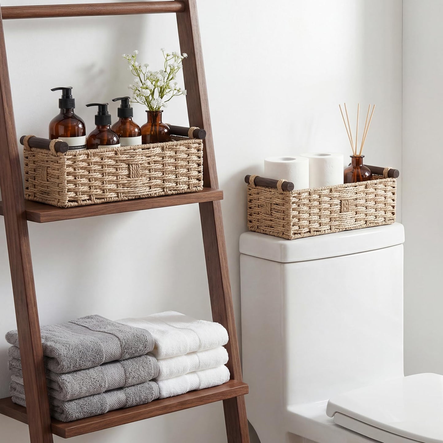 Paper Rope Storage Wicker Baskets for Toilet Tank Top with Wooden Handle Small Decorative Organizer Bin Rectangular Tray for Countertop Shelf Beige