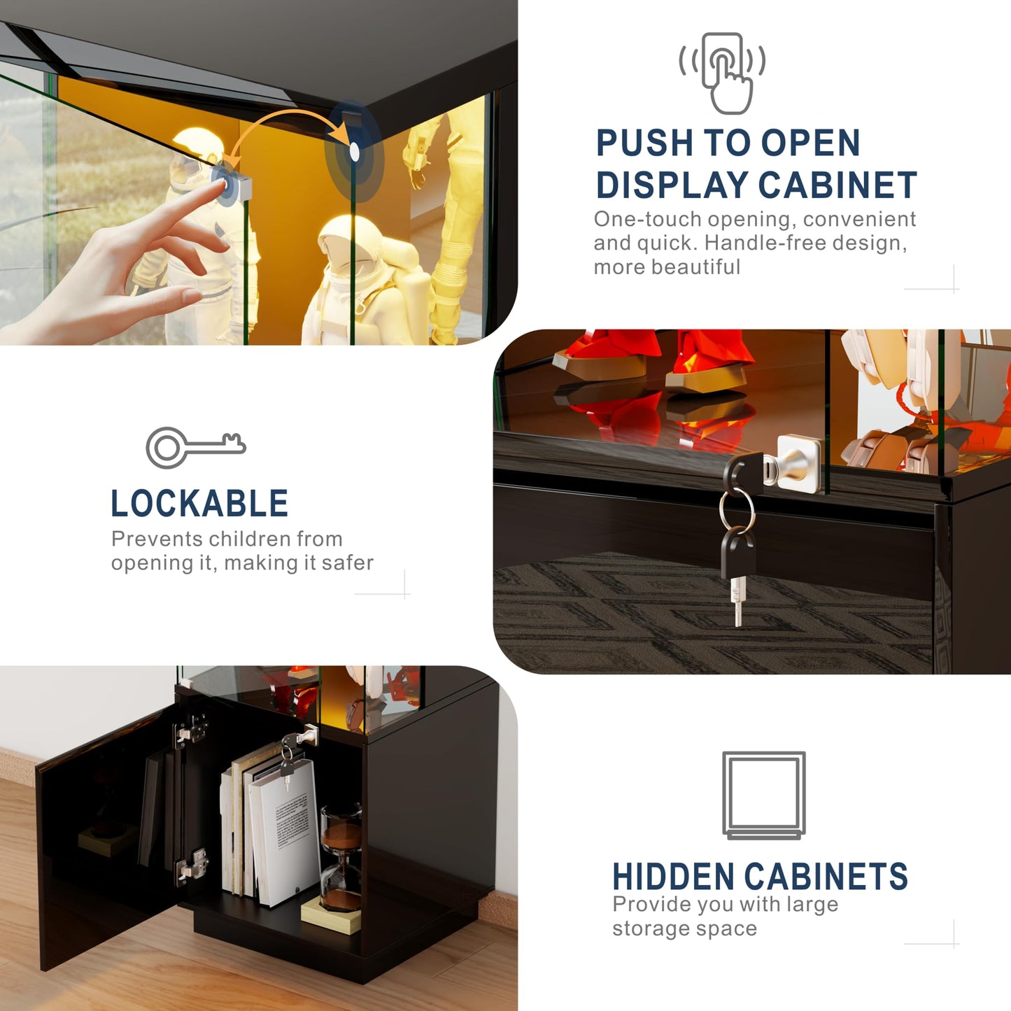 Gurexl Display Cabinets with Lockable and Glass Doors for Living Room,Black