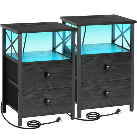AMHANCIBLE Bedside Table Set of 2, Side Table with Charging Station and Led Lights, Bedside Cabinet with 2 Fabric Storage Drawers, Sofa Side Table,