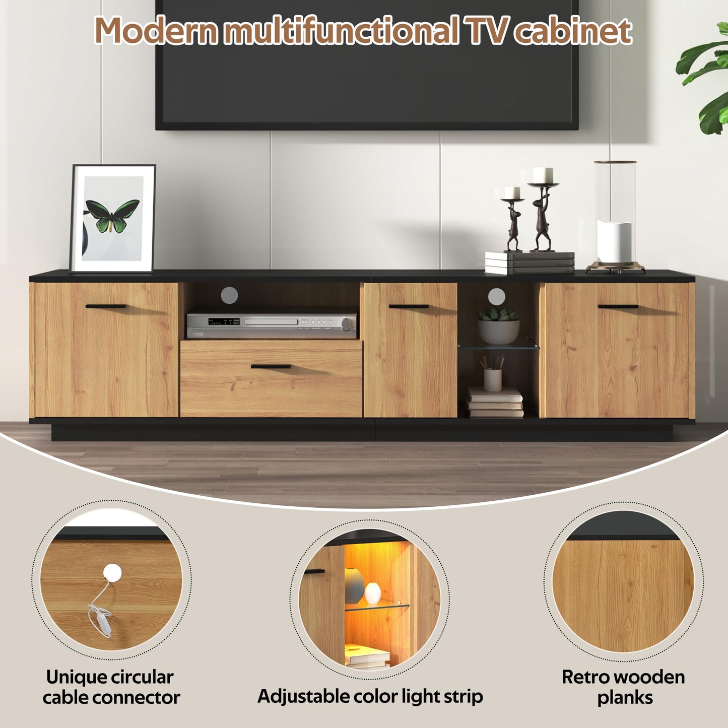 Ball & Cast TV cabinet with one drawer, three doors, two open glass compartments. TV unit