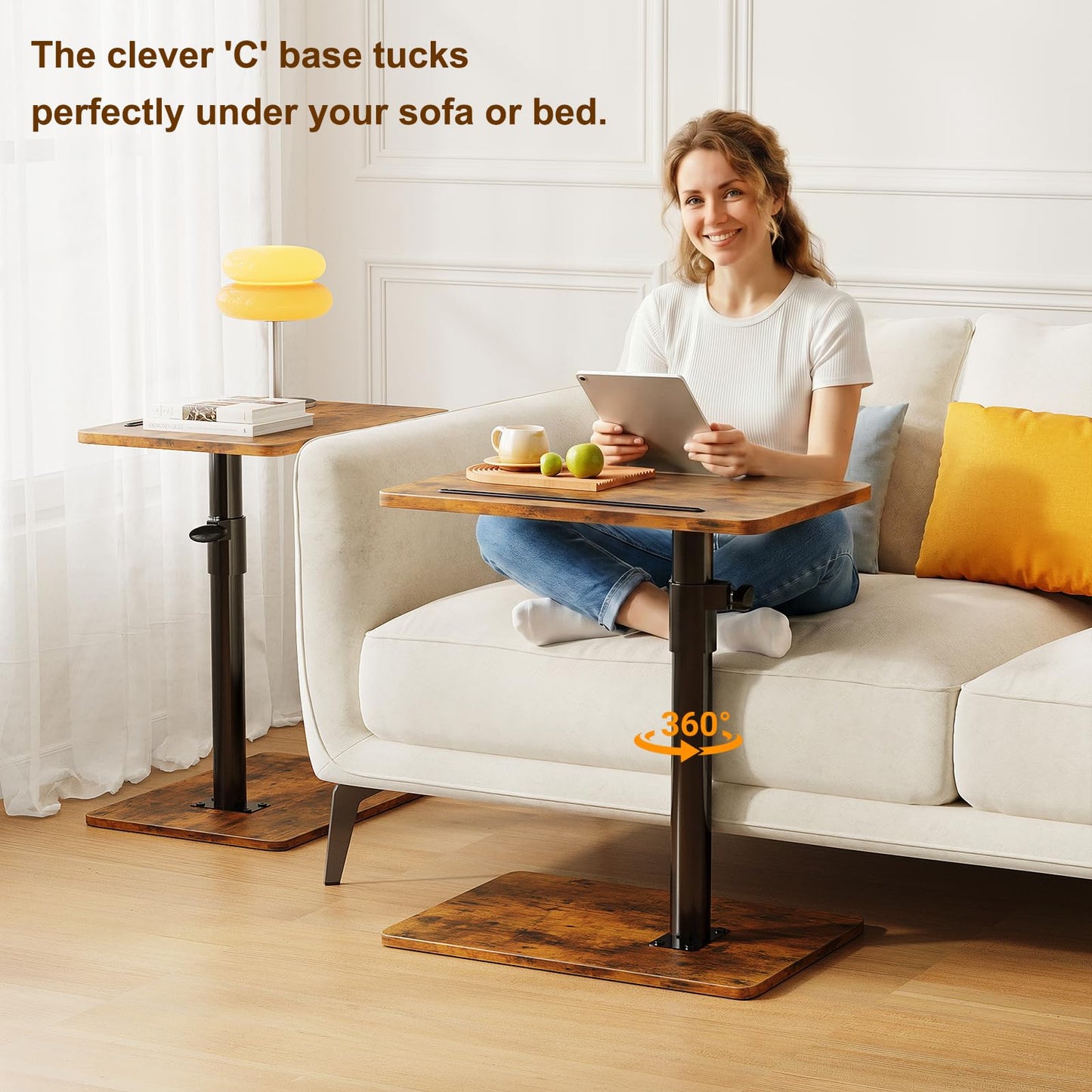 CAIYUN C Shaped Side Table, Height Adjustable Swivel 360° Rotating, Brown End Table Set of 2 for Small Spaces