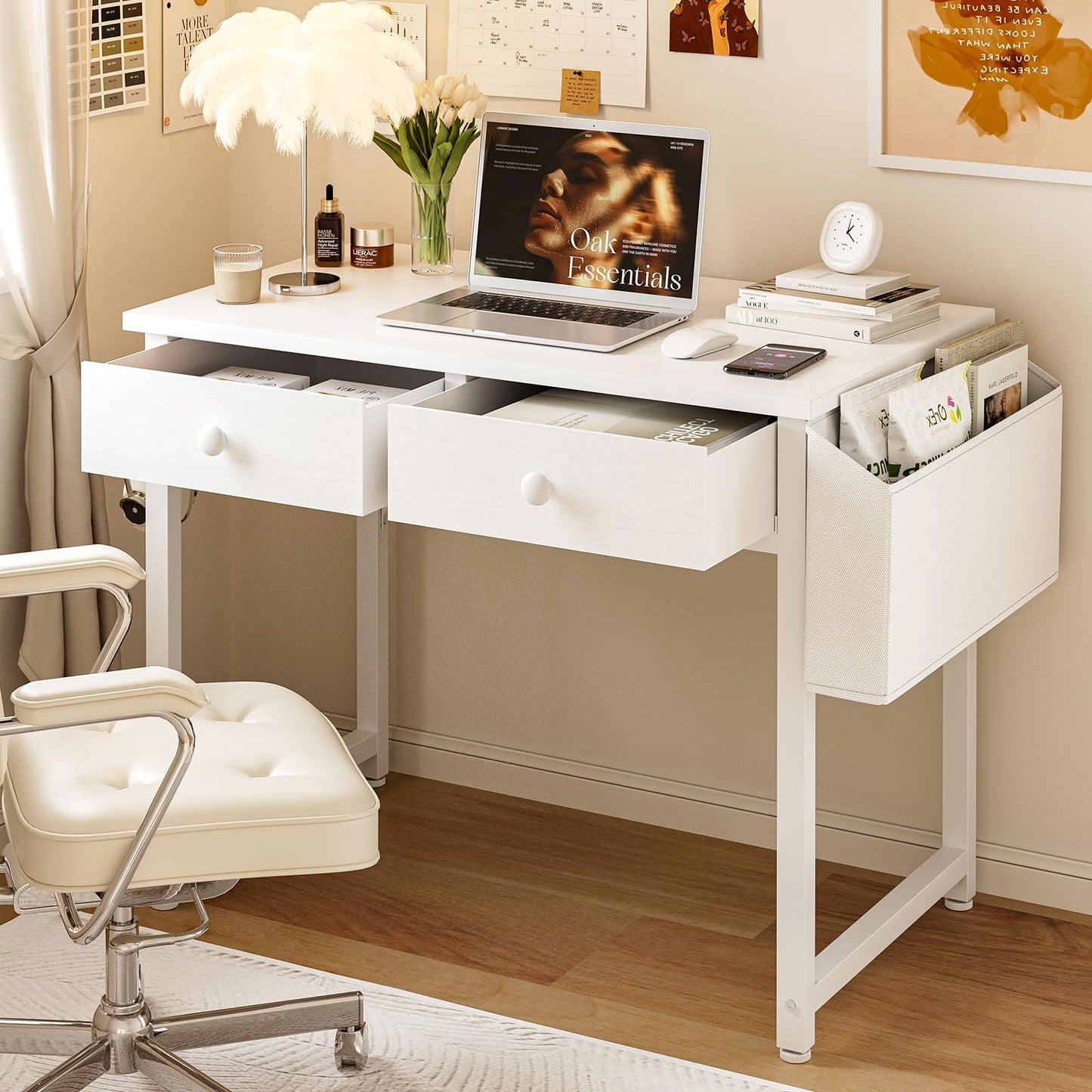 Grandder Small Computer Desk with 2 Fabric Drawers, 80 x 40 cm Home Office Desk with Storage Bags and Drawers