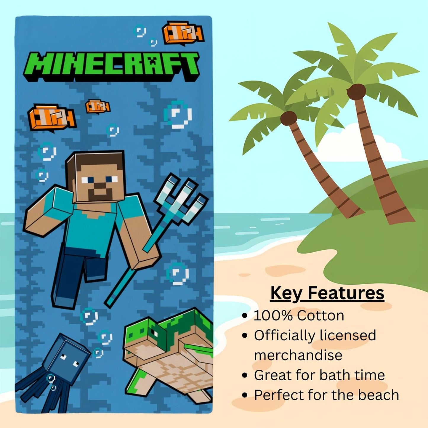 Minecraft Trident Printed Beach Towel Kids Game Towel