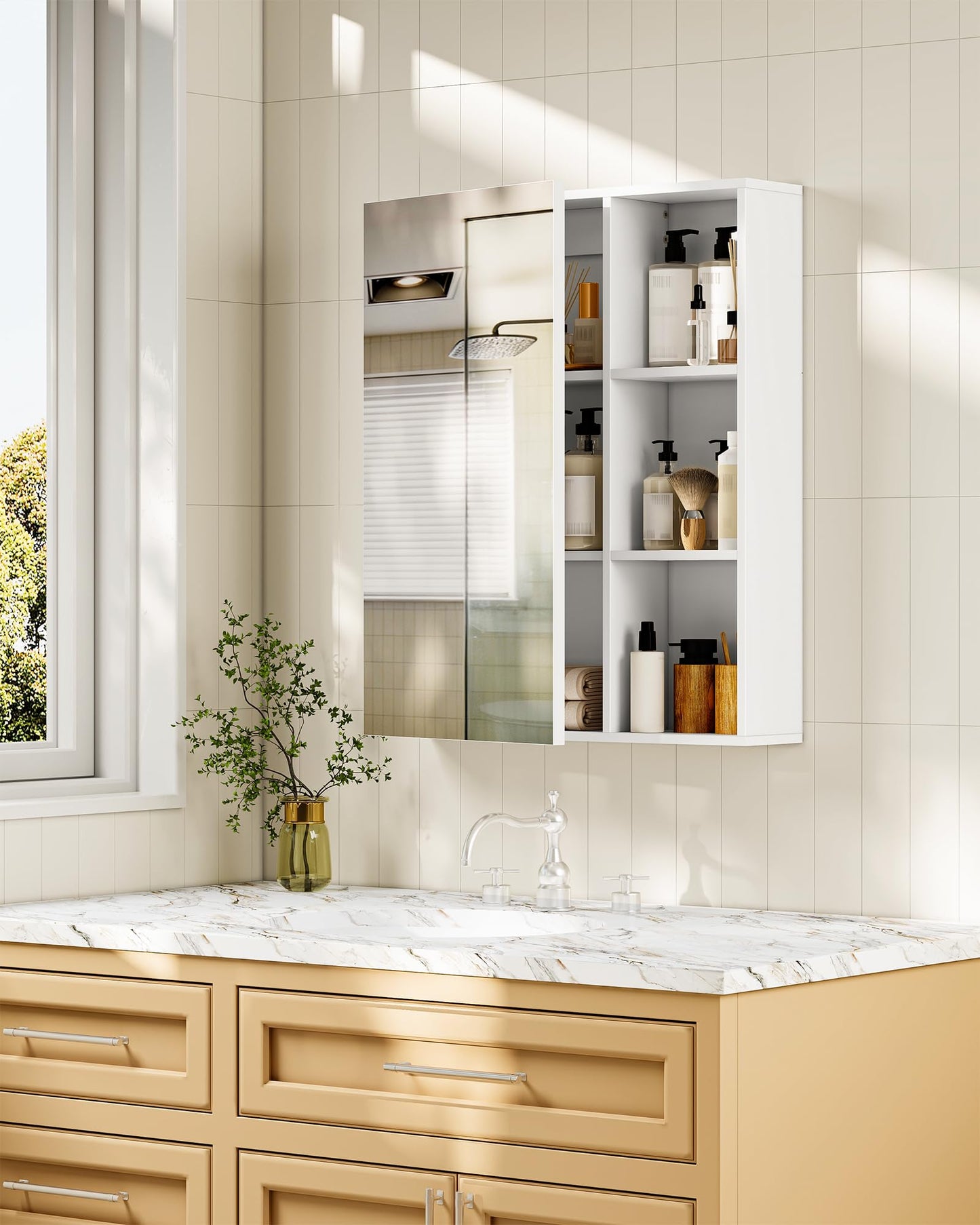 CHOEZON Mirror Cabinet, Wall-Mounted Medicine Cabinet with Mirror, Storage Cabinet with Open Storage Compartments