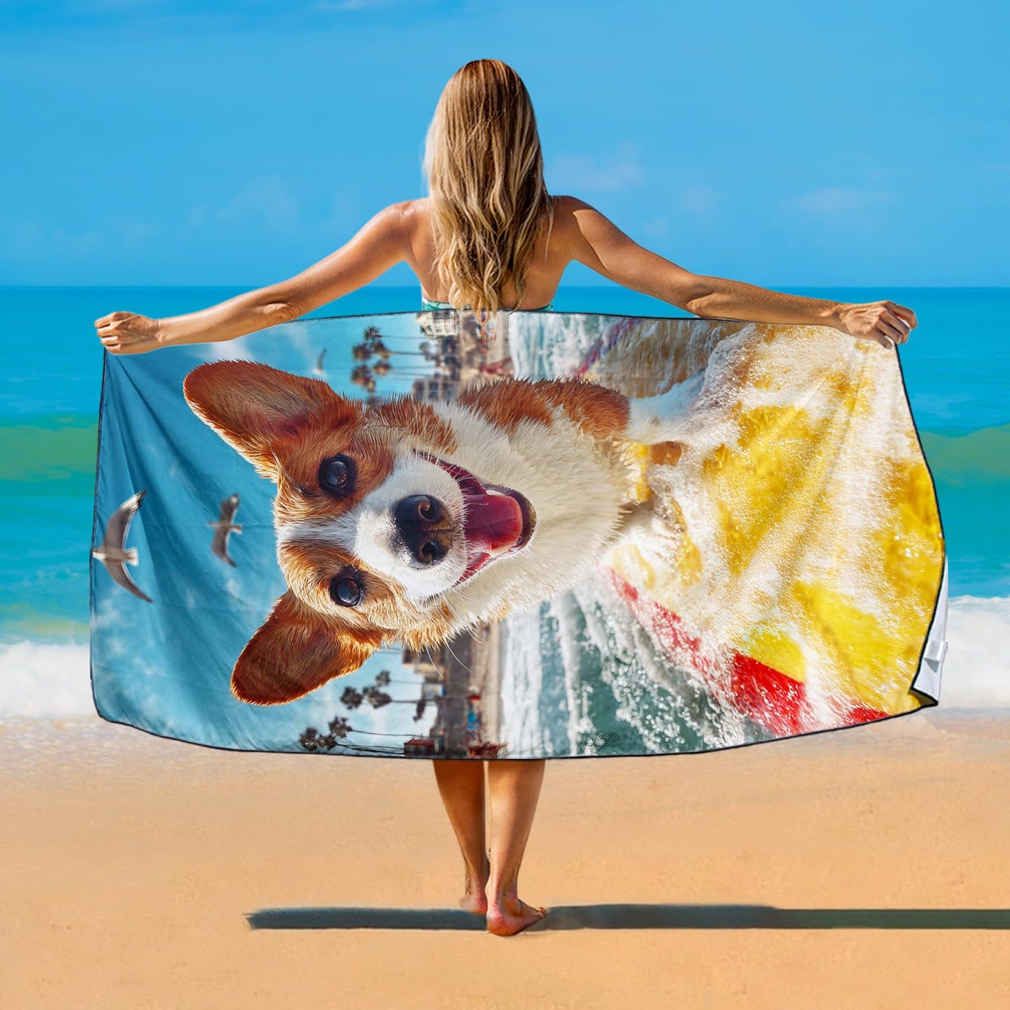 Violetpos Surfing Corgi Beach Towel, Extra Large 180x90 cm 250GSM Microfibre, Sand Free Quick Dry