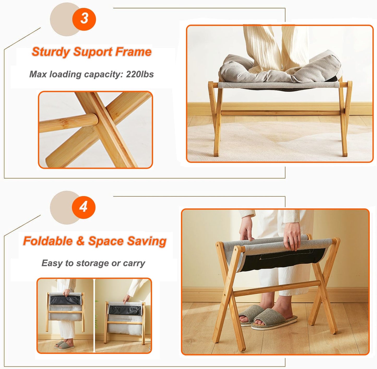 bimiti Foot Stool Bamboo Folding Foot Rest Foldable Ottoman Seat