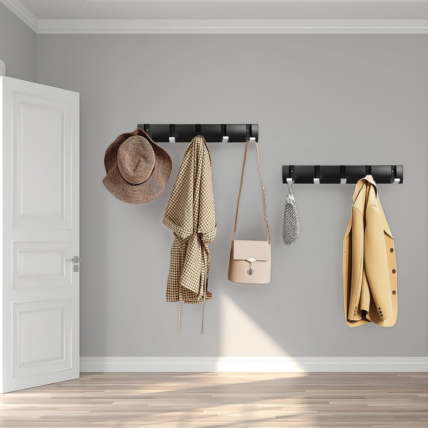 MSYU 2 Pack Retractable Wall-Mounted Coat Rack with 5 Hooks, Modern Space-Saving Clothes Hanger for Hats, Jackets & Bags