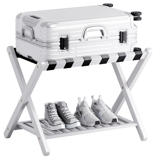 SMIBUY Luggage Rack, Foldable Bamboo Suitcase Stand with Storage Shelf for Guest Room, Bedroom, Hotel, Heavy-Duty (White)