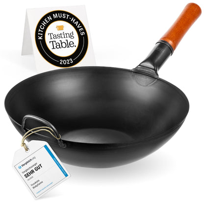 YOSUKATA Carbon Steel Wok Pan  34 cm Woks and Stir Fry Pans - Chinese Wok with Flat Bottom Pow Wok - Traditional Chinese Japanese Woks - Black Steel