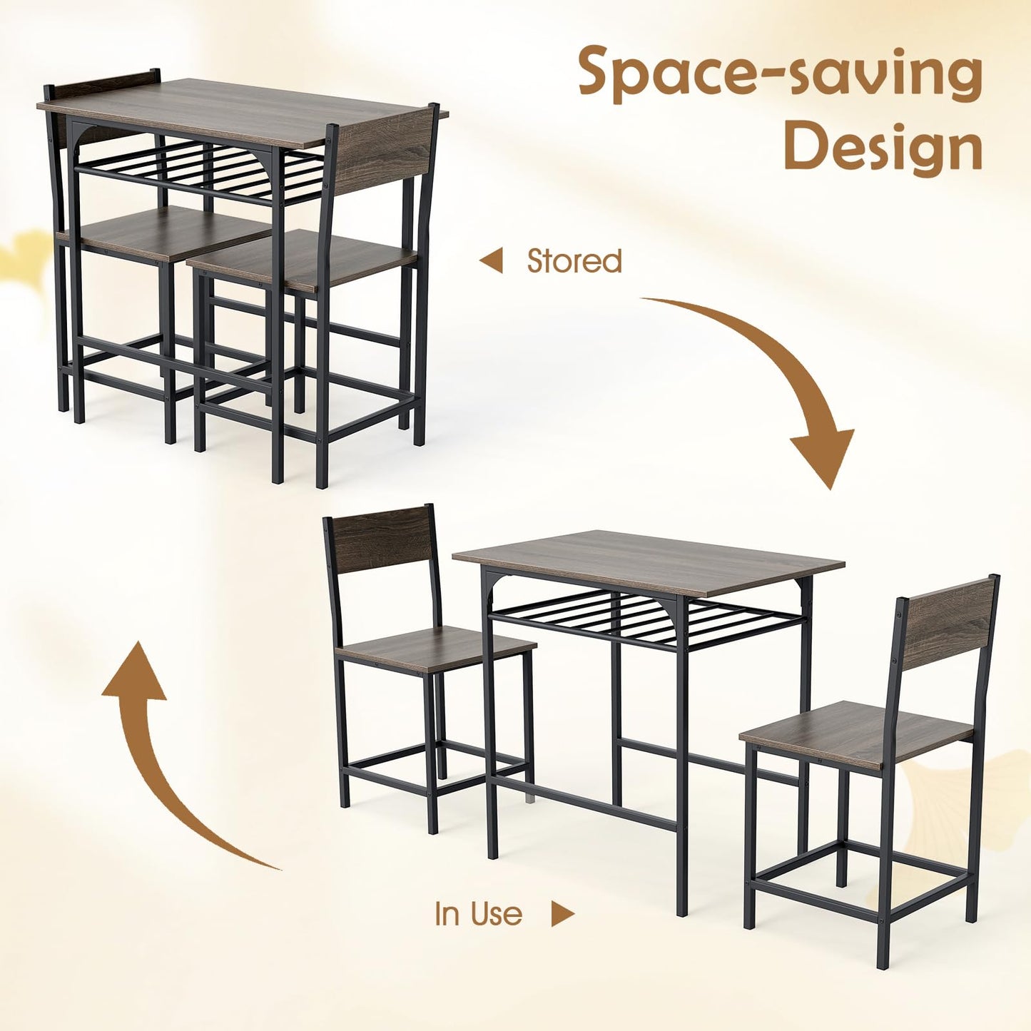 GiantexUK 3PCS Dining Table Set, Wooden Dining Table and Chairs with Storage Rack & Convenient Footrests
