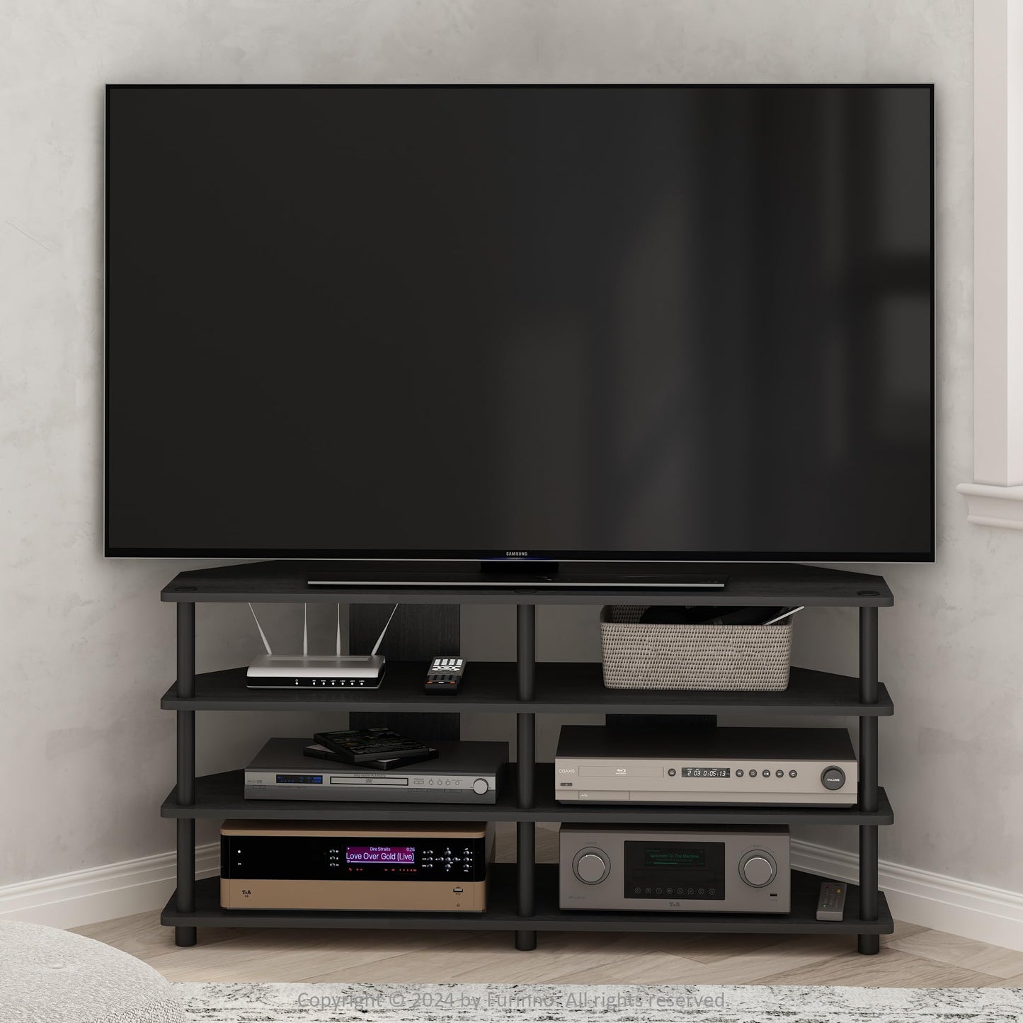 Furinno ECON TV Stand, 4-Tier Corner Entertainment Center, TV Console for TV up to 55 Inch, Easy Assembly, for Living Room, Bedroom, Blackwood