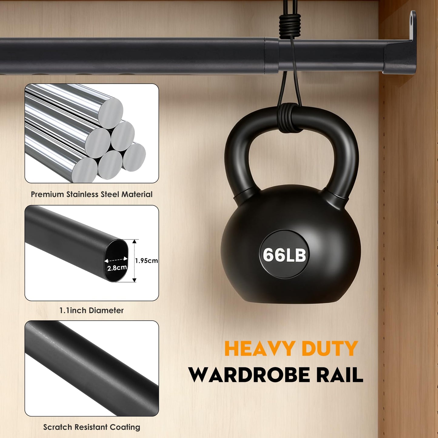 Poskena Clothes Rail Heavy Duty for Wardrobe Black,25mm rail,43-101cm
