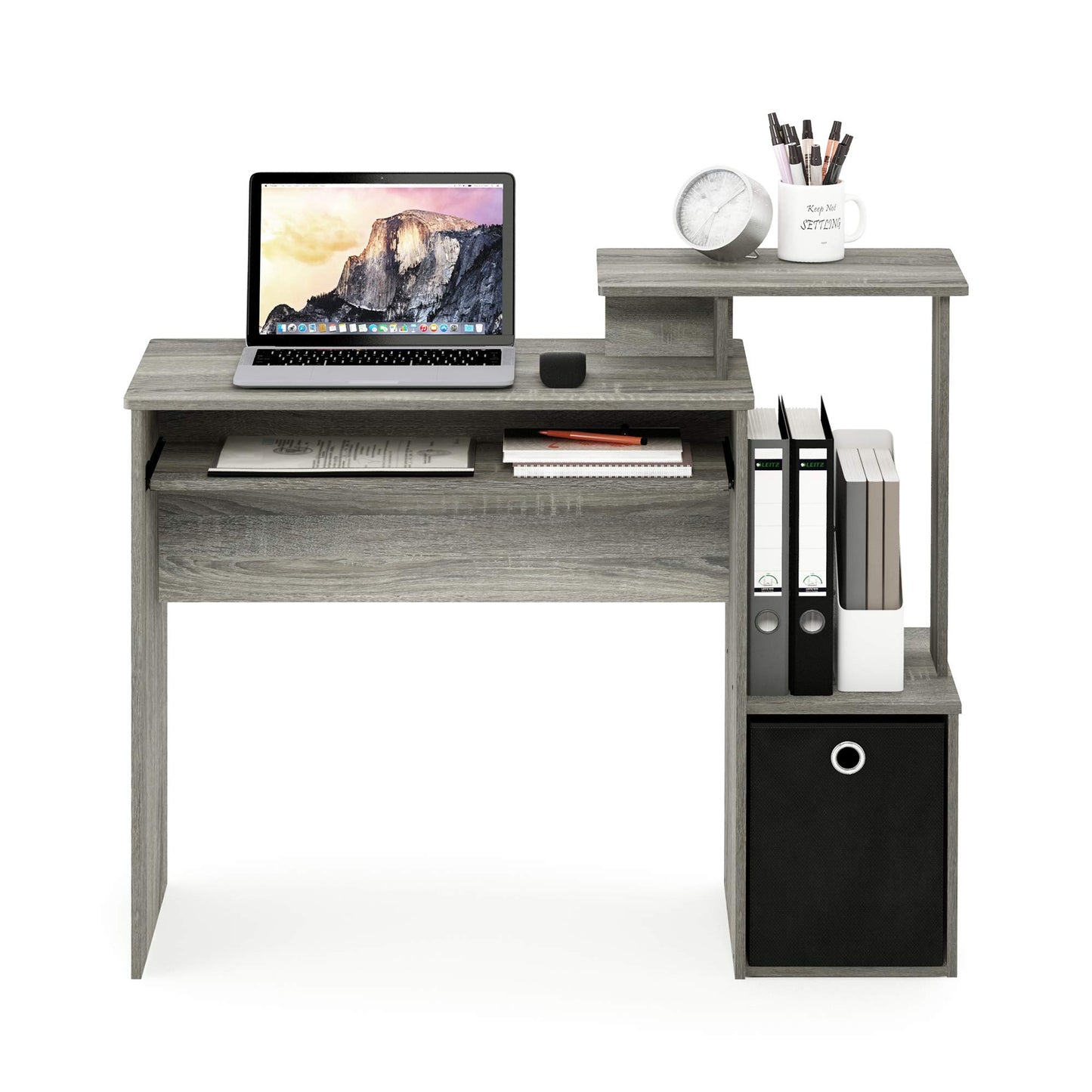 Furinno ECON Desk, Gaming Desk with Keyboard Tray, Computer Desk, Office Desk with Side Shelves and Storage Bin for Home Office, Study Room, Dorm