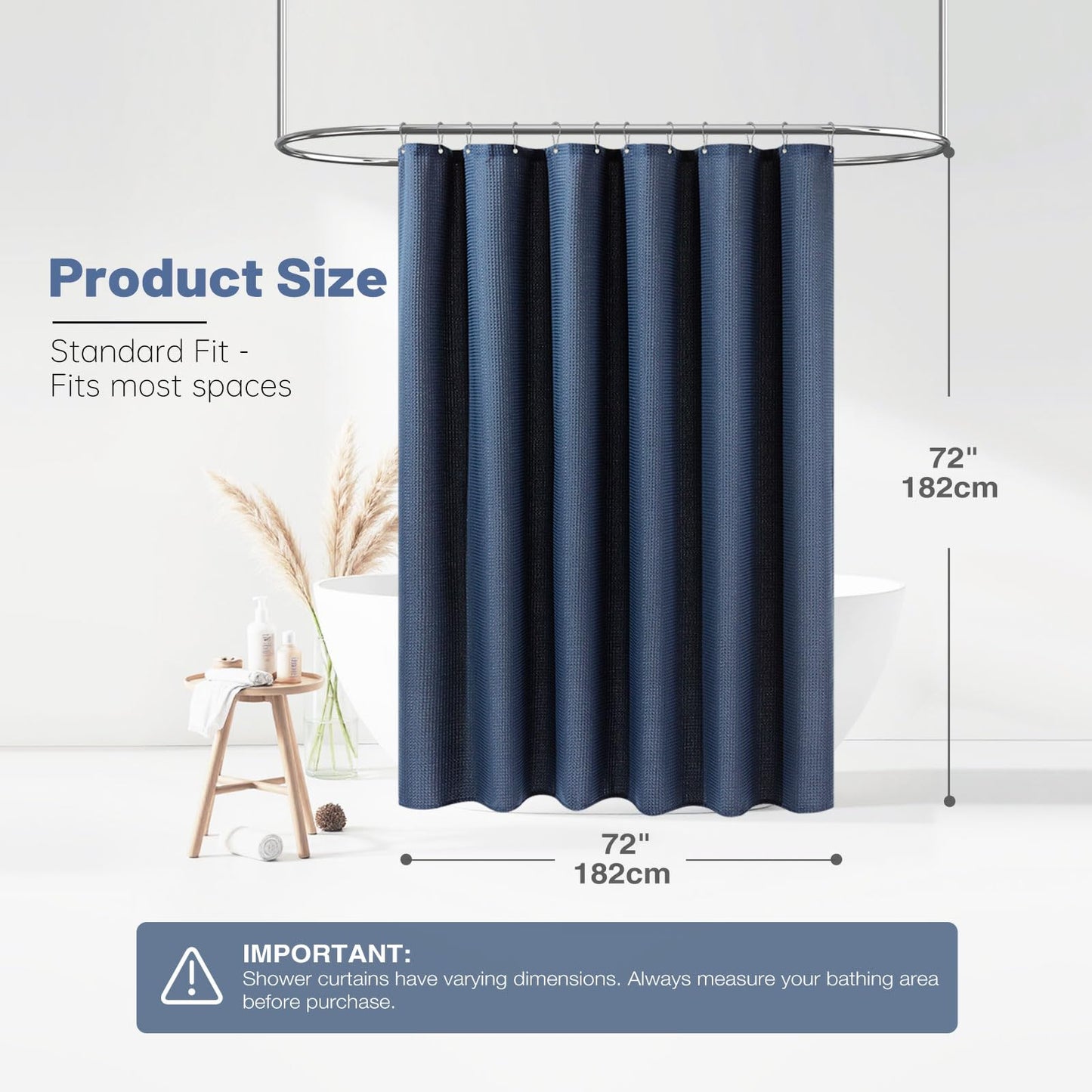 BTTN Waffle Weighted Shower Curtain, Waterproof, 182x182cm, Navy Blue