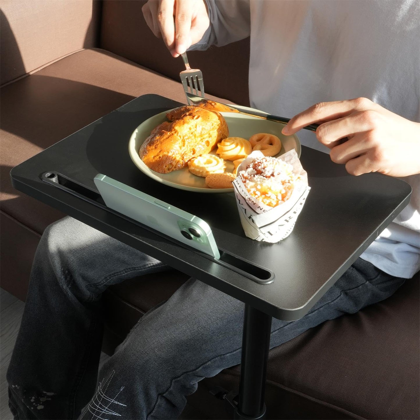 YUHFERA Couch Side Table - 360Swivel Height Adjustable End Table,Sofa Armrest Tray Table,Snack Side Table for Bed or Chair with Phone & Tablet