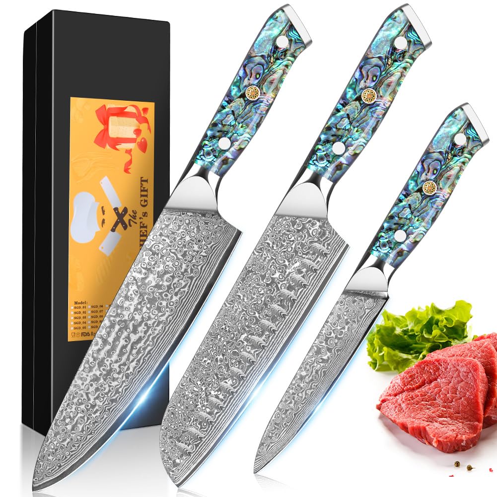 3PCS Knife Set,12.4-19.9cm Damascus Chef's Knife Set Made of 67 Layers of VG-10 Damascus Steel Kitchen Knifes Set with Ergonomic Abalone Shell Handle,