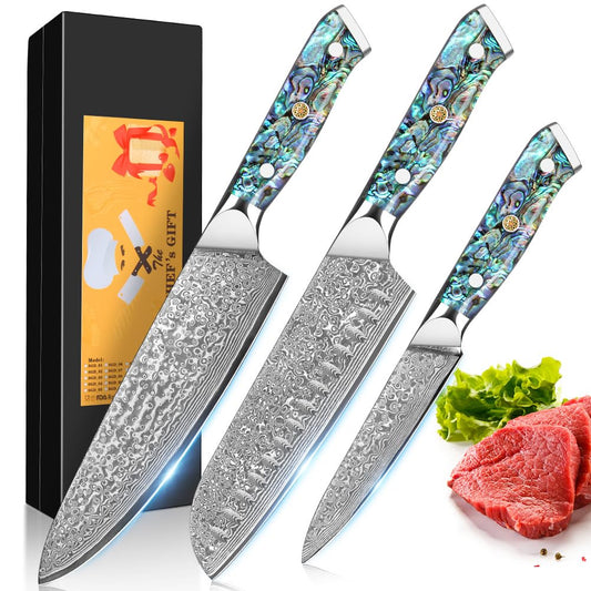 3PCS Knife Set,12.4-19.9cm Damascus Chef's Knife Set Made of 67 Layers of VG-10 Damascus Steel Kitchen Knifes Set with Ergonomic Abalone Shell Handle,