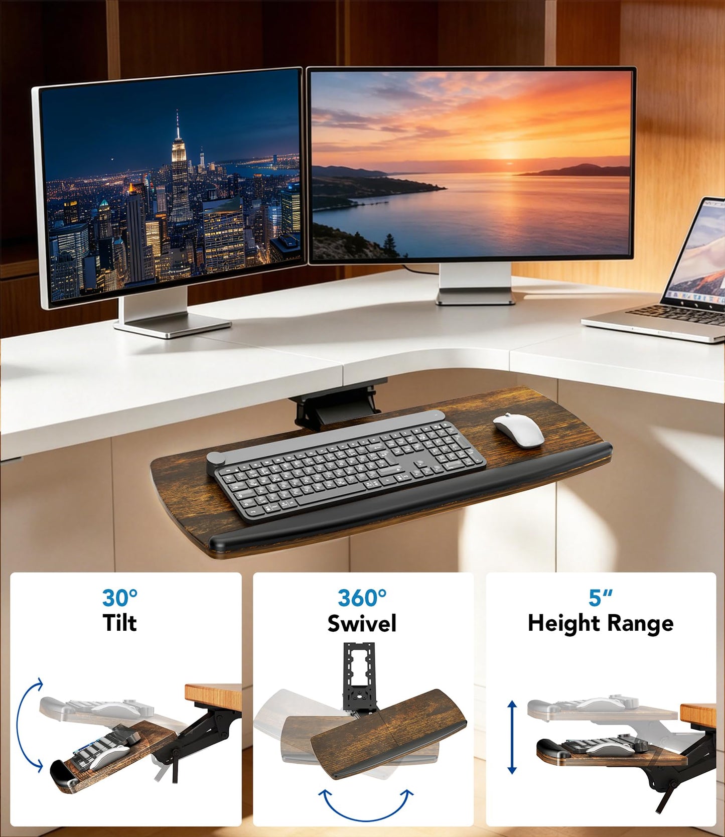 AX WABER Keyboard Tray Under Desk with Storage Drawer, Height Adjustable Keyboard Tray Slide Out 360° Swivel Tilt