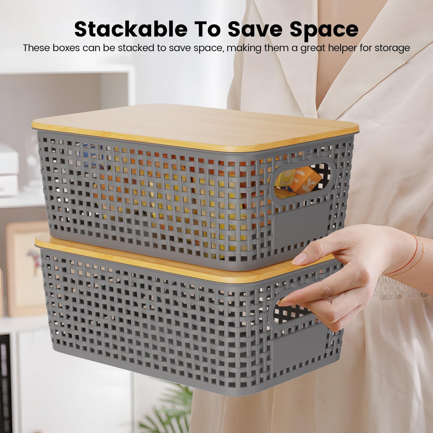 Shrivee Set of 3 Storage Boxes with Bamboo Lid, 5 L Storage Basket, Plastic Basket Storage, Kitchen Storage Boxes for Shelves, Cupboards