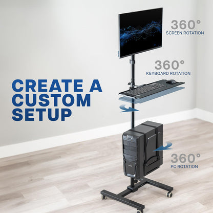 VIVO Black Computer Mobile Cart Rolling Stand | Adjustable Monitor Mount 32" Case Holder & Keyboard Tray Moving Workstation CART-PC02T