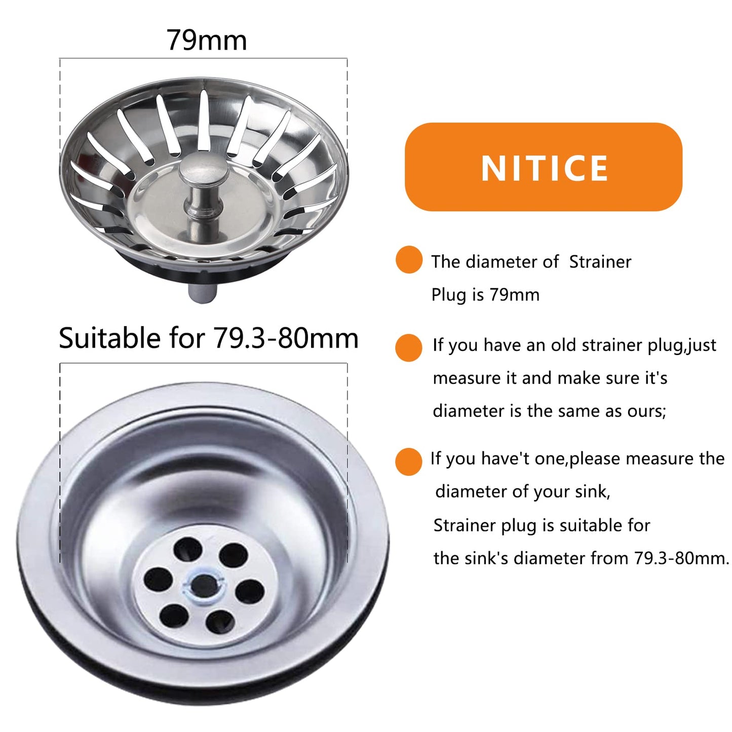 2 Pcs Sink Strainer Plug Kitchen Drain Stoppers Stainless Steel Sink Plug