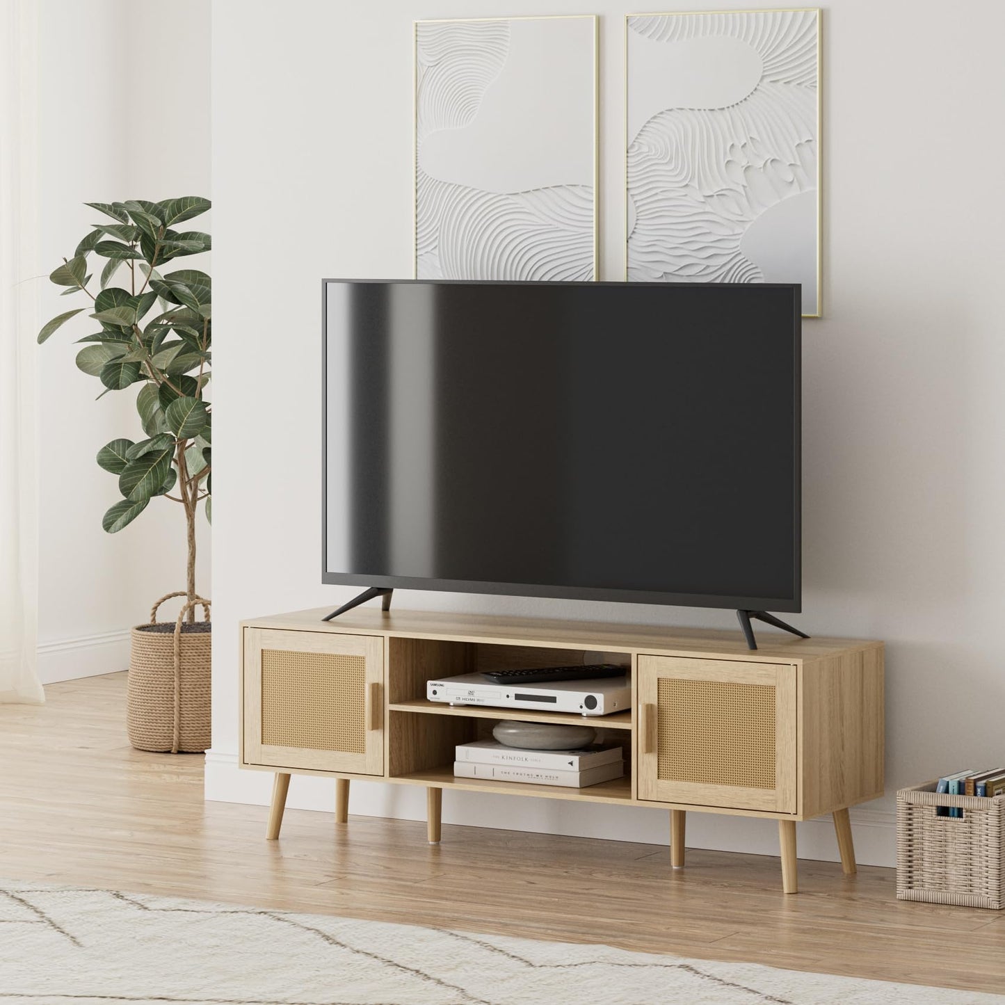 HEYZOEY Oak TV Stand, Rattan Doors, 2 Cabinets, Wood Legs, up to 65 in