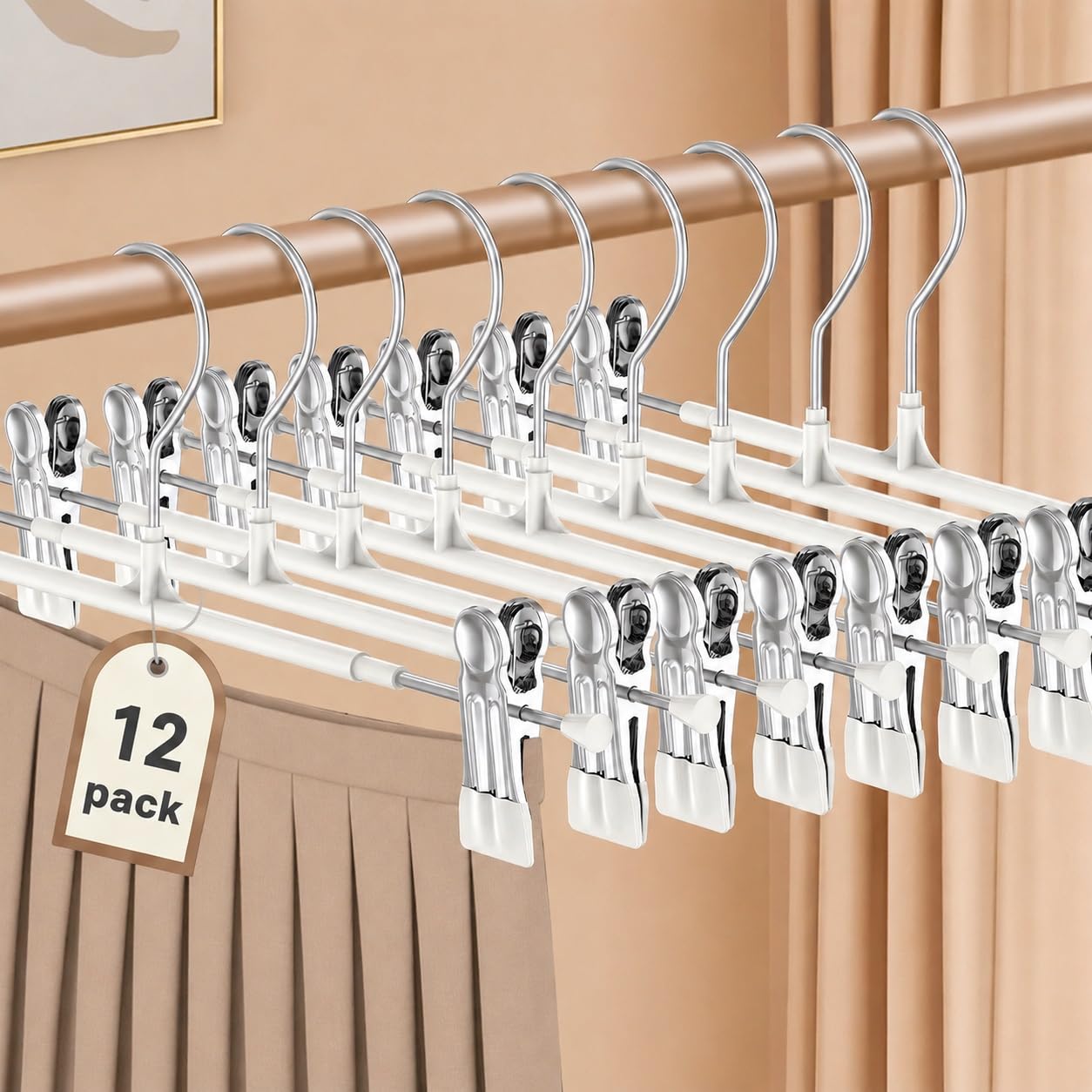 OAMCEG 12 Pack Trouser Hangers - Adjustable Non-Slip Clips, Stainless Steel Metal Skirt & Trousers Hangers