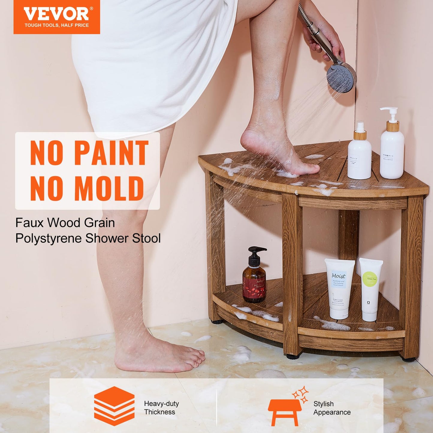 VEVOR Corner Shower Bench, 46cm Height 43cm Radius, Faux Wood Grain Polystyrene, 158kg with Storage Shelf, Water Resistant
