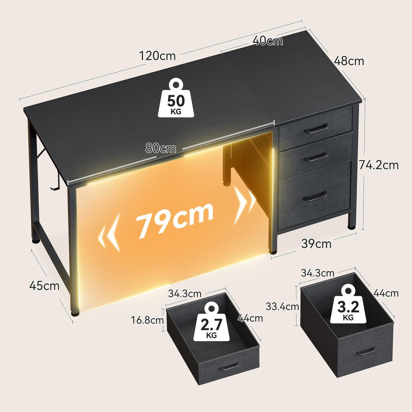 Coleshome Computer Desk with Drawers, 120cm Office Desk with Storage, Black