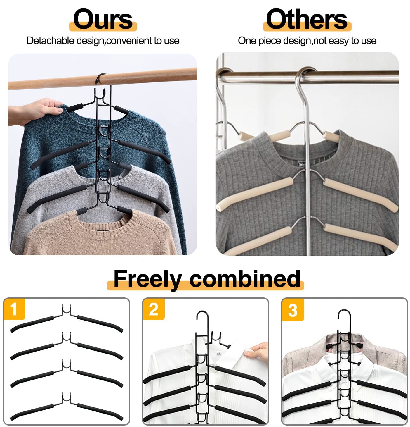 2 PACK Clothes Hangers Space Saving, 5 in 1 Clothes Hangers, Multi Layers Coat Hangers Metal Sponge Space Saver with Multilayer EVA Sponge for