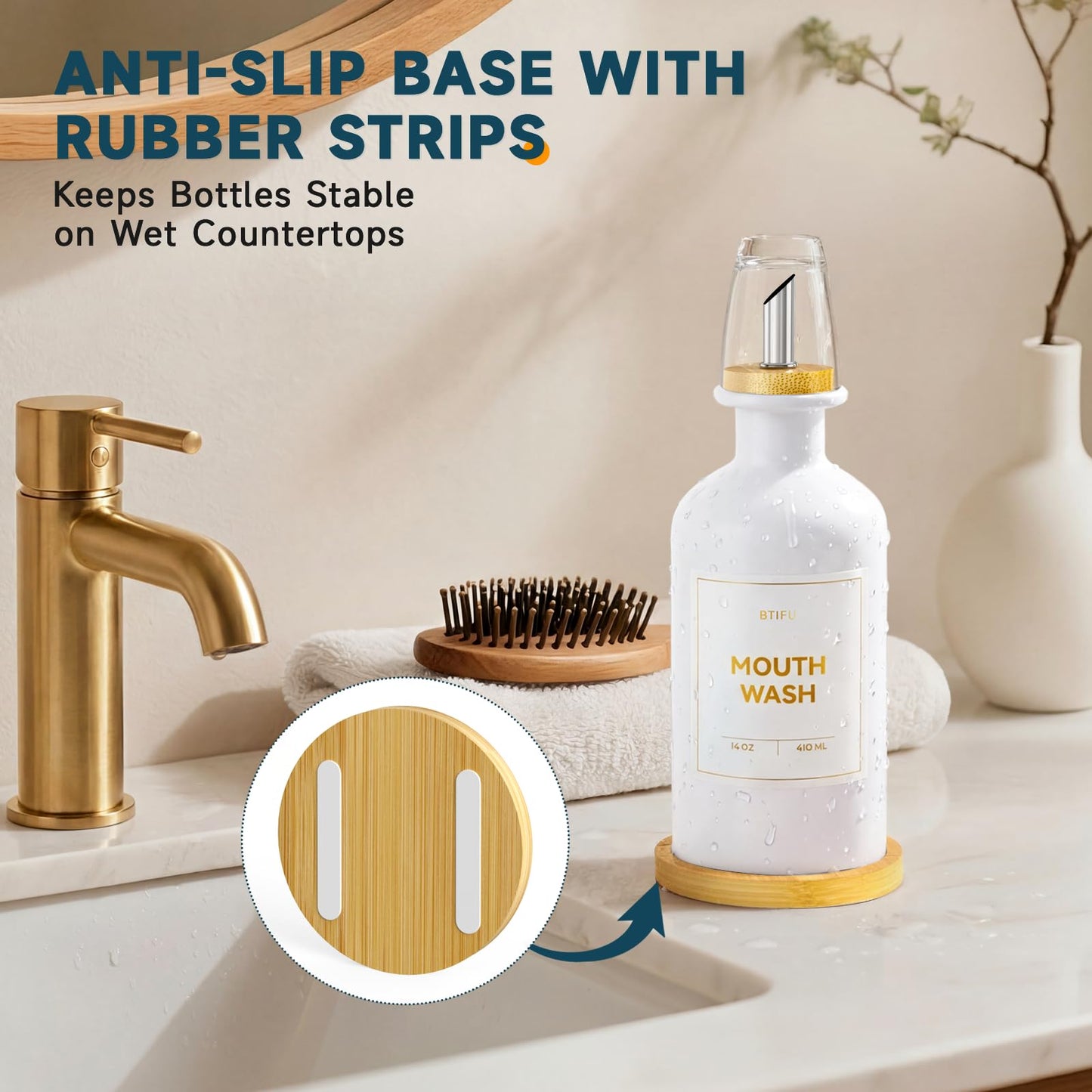 Glass Mouthwash Dispenser for Bathroom – 410ml Refillable Mouthwash Container with 2 Glass Cups & Bamboo Tray, Countertop Mouth Wash Dispensers
