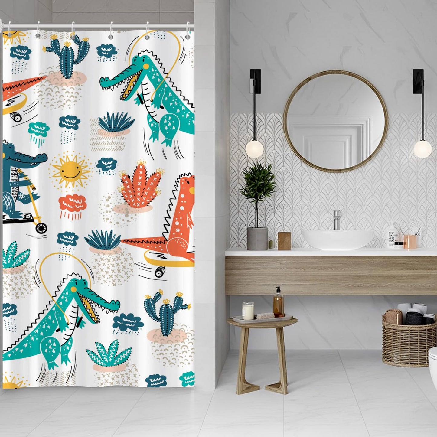 ASDCXZ Kids Shower Curtain 90x180 cm, Cute Cartoon Crocodile Cactus Sun Cloud Bath Washable Narrow Shower Curtains with eyelets Polyester Textile