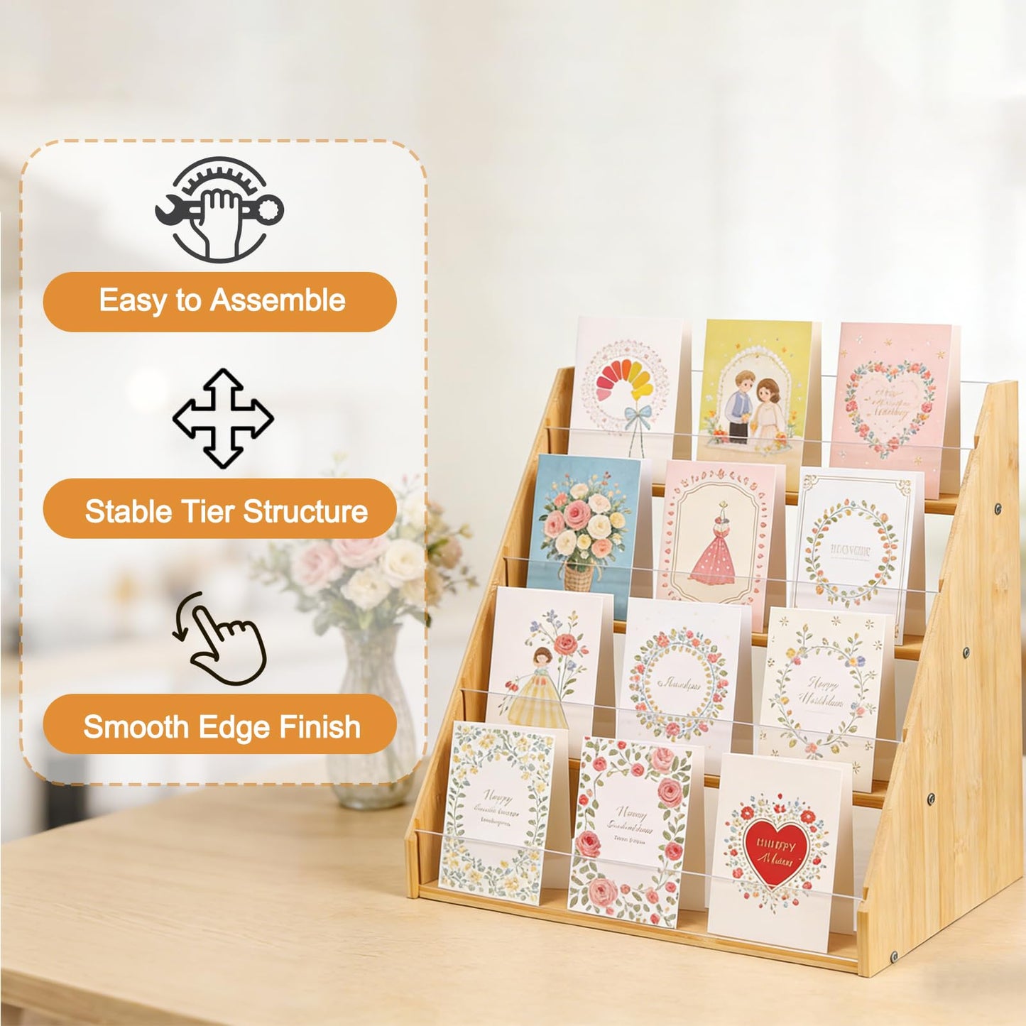 Worephu Premium 4-Tier Bamboo Acrylic Card Rack, Space-Saving Display Stand for Postcards, Greeting Cards, Brochures & Picture