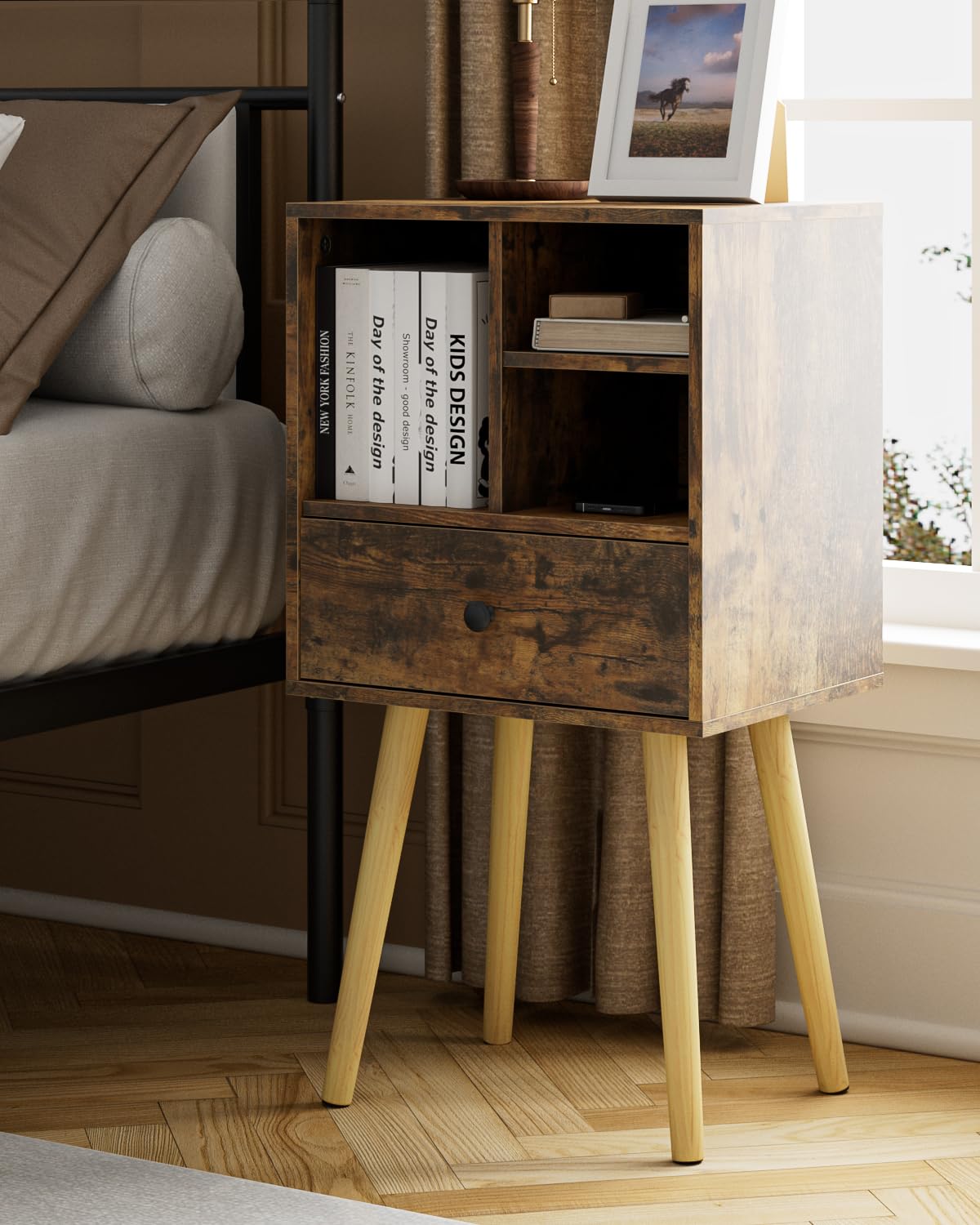 HEYZOEY Wooden Nightstand Mid-Century Modern Bedside Table, Rustic Brown