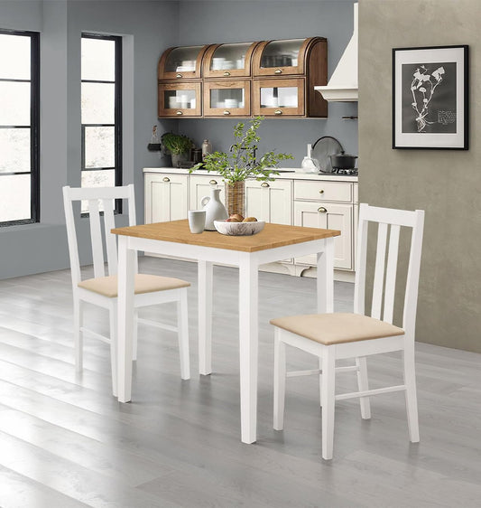 Hallowood Furniture Ledbury Small Dining Table and 2 Chairs Set, Wooden White Painted Space Saving Table and Chairs in Cream Fabric Seat Pads, Stylish