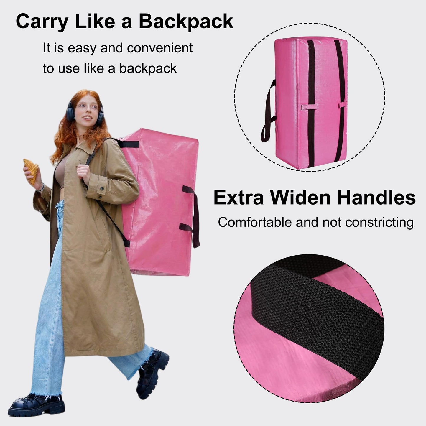 SANNAX 6 Pack 83L Pink Moving Bags, Foldable Storage Bags with Double Zips