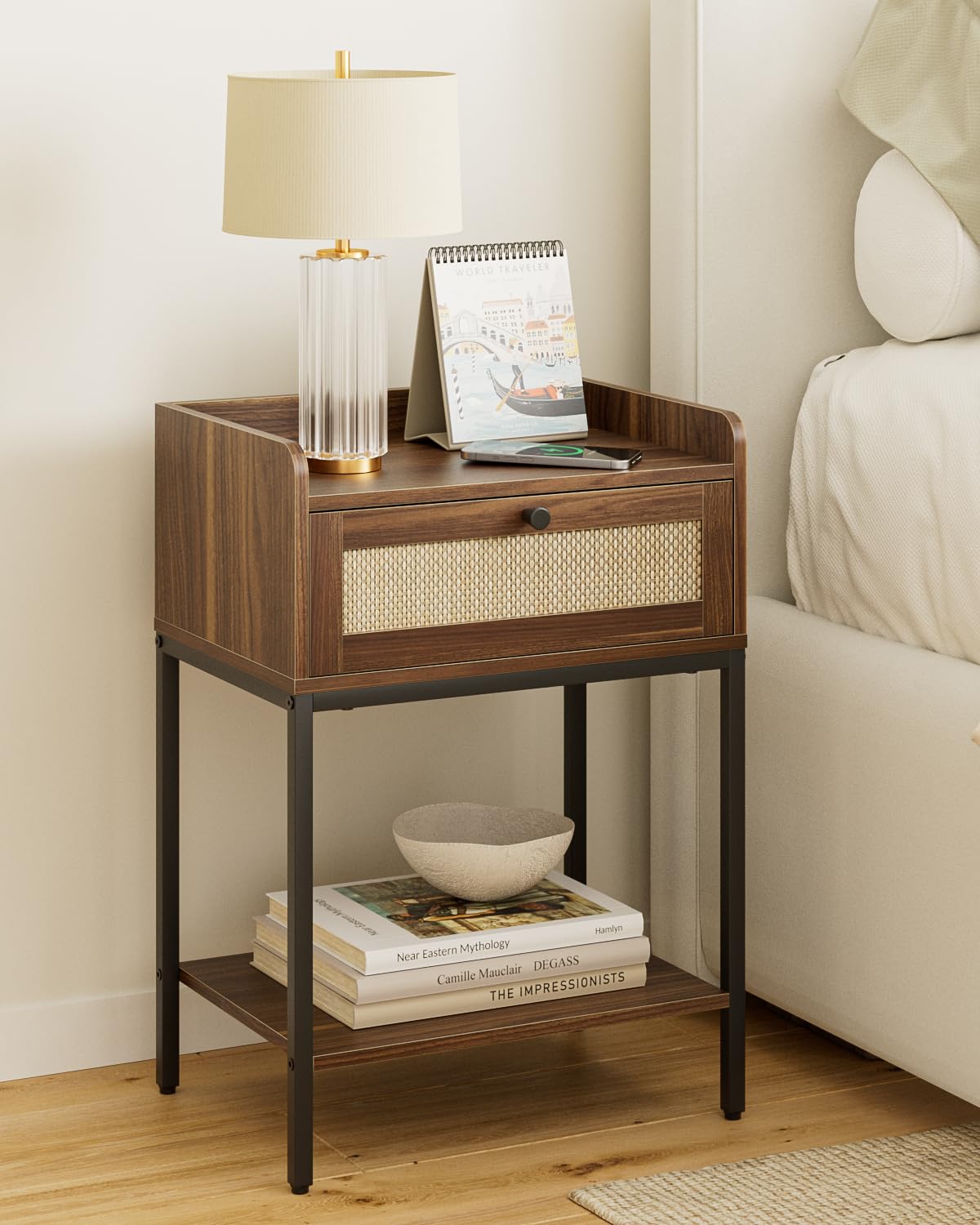 HEYZOEY Rattan Bedside Table, Walnut Modern Bedside Table with Storage Drawer and Shelf, Small Side Table for Bedroom, Living Room, Walnut Rattan