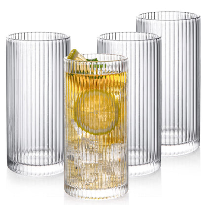 POLIDREAM Drinking Glasses with Origami Style Set of 4 Glass Cups, 12 oz Ribbed Glassware, Highball Glass Cups, Elegant Art Deco Ripple Vintage