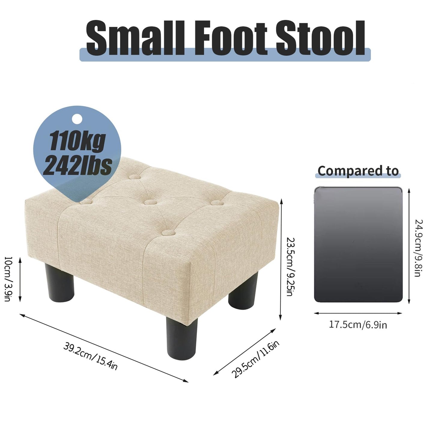 BRIAN & DANY Small Foot Stool, Linen Footstool with Legs, Footstools for Living Room, Ottoman Footrest Extra Seating for Entryway, Beige