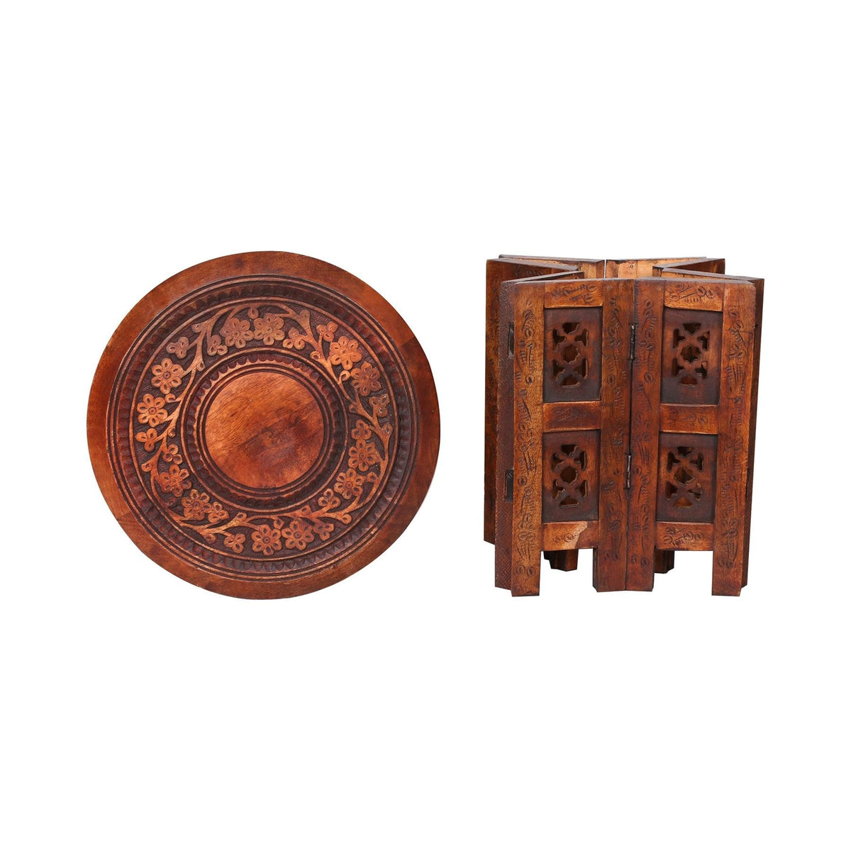topfurnishing Beautiful Round Hand Carved Indian Shesham Wooden Coffee Table Side Mahogany,Small 12"x12"x12" 30.5cm