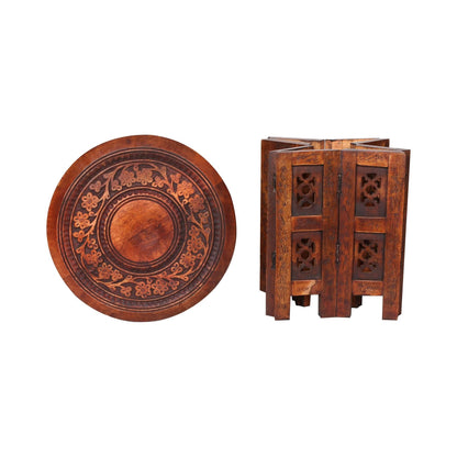 topfurnishing Beautiful Round Hand Carved Indian Shesham Wooden Coffee Table Side Mahogany,Small 12"x12"x12" 30.5cm