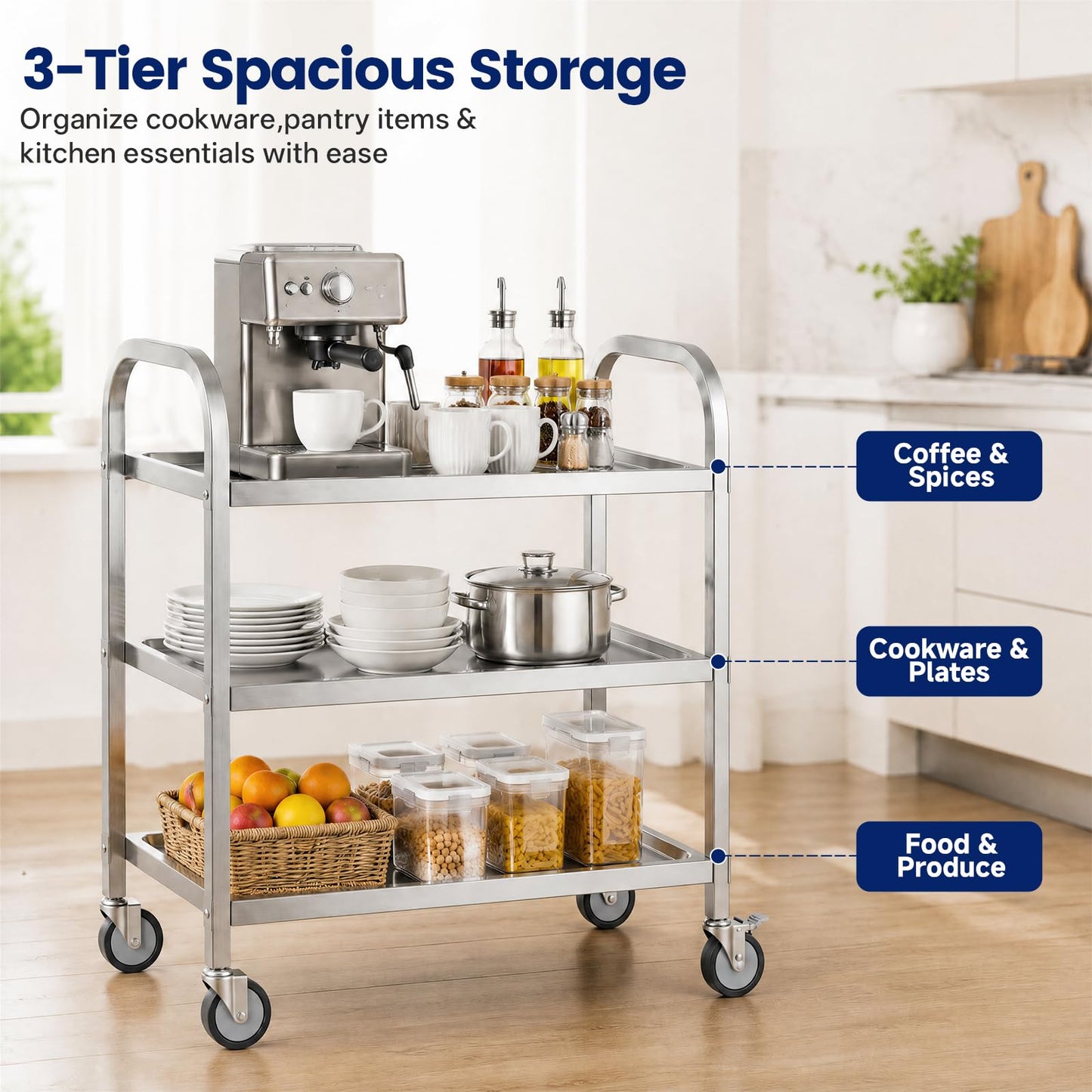 3 Tier Stainless Steel Cart, Rolling Catering Storage Cart (95x50x95cm)