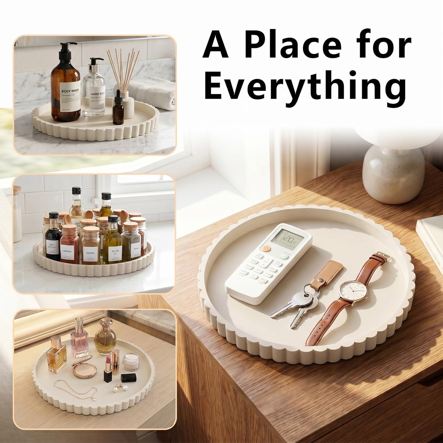 Silicone Bathroom Tray with Scalloped Edge, 30 x 30 cm Round Large Countertop Decorative Tray for Bathroom