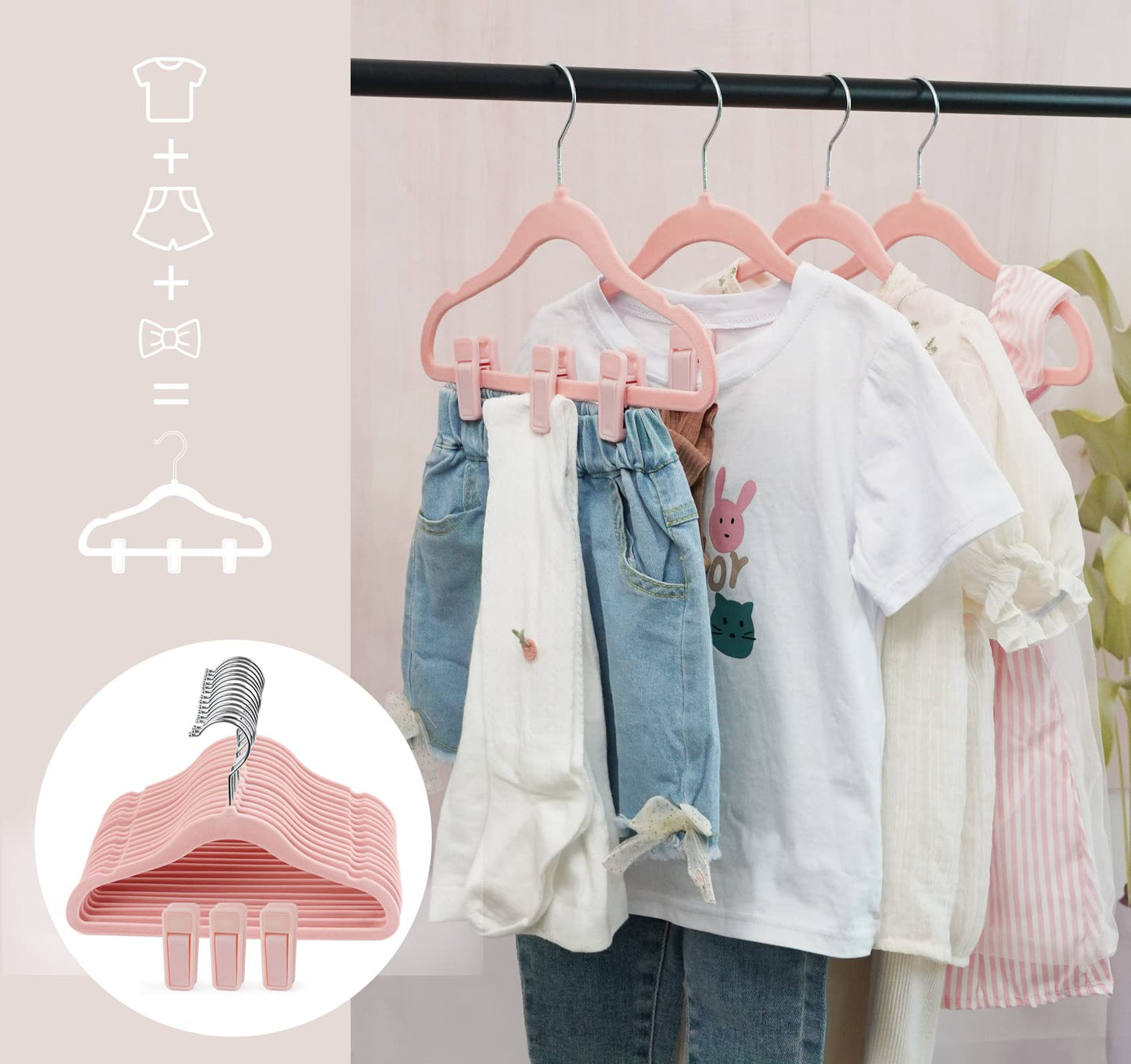 HOUISM Baby Hangers Velvet Pink with 30 Finger Clips, Non-Slip & Ultra Slim Kids Clothes Hangers for Full Outfits