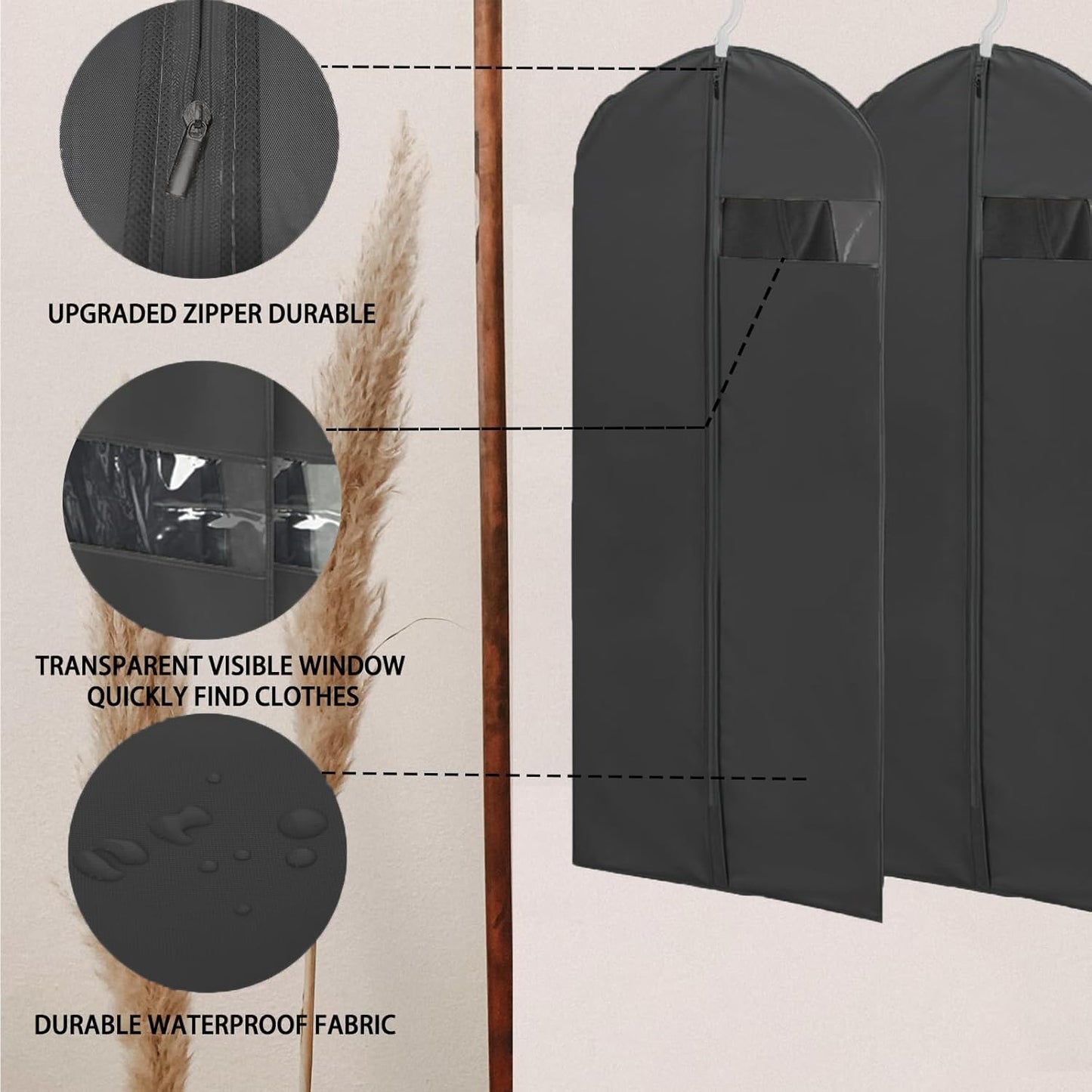Dress Bags Covers long, Hanging Garment Bags Waterproof Dustproof Clothes Covers for Gowns, Wedding Dress, Trench Coats, Suits (60cm*140cm) - Black