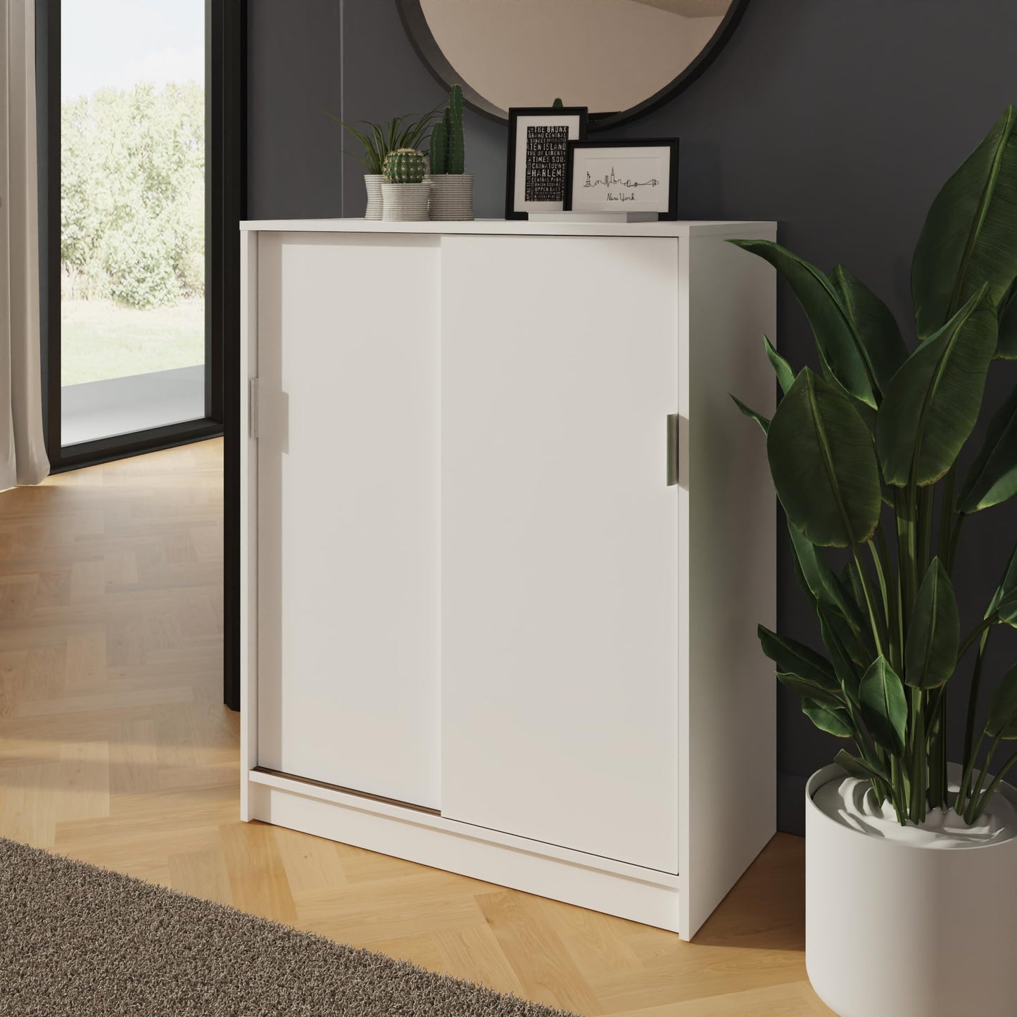 GFW Leighton Sliding Door Shoe Cabinet, Slim White Hallway Shoe Storage Unit for 18–22 Pairs