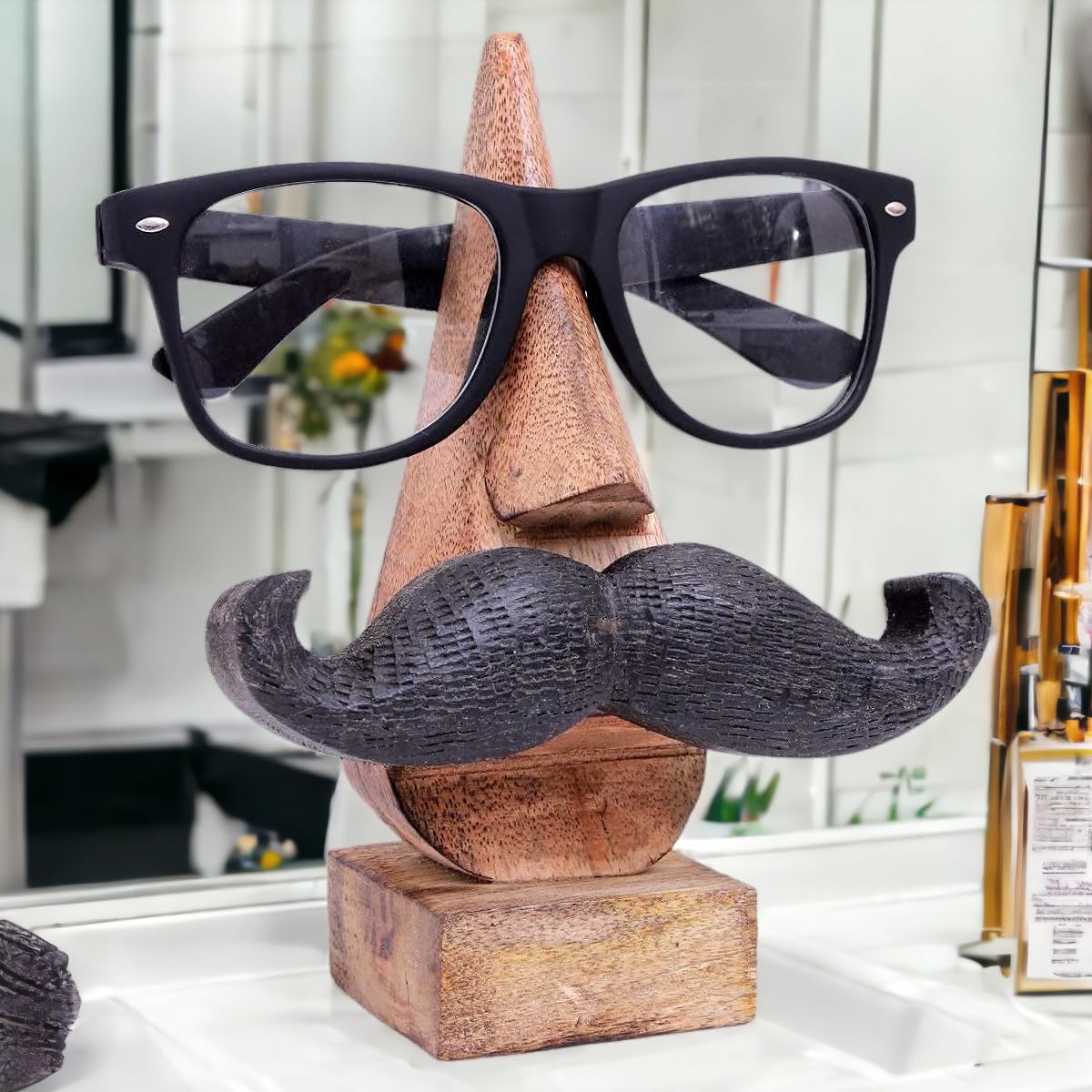 Ajuny Wooden Glasses Holder Decorative Lip and Moustache Design Set of 2